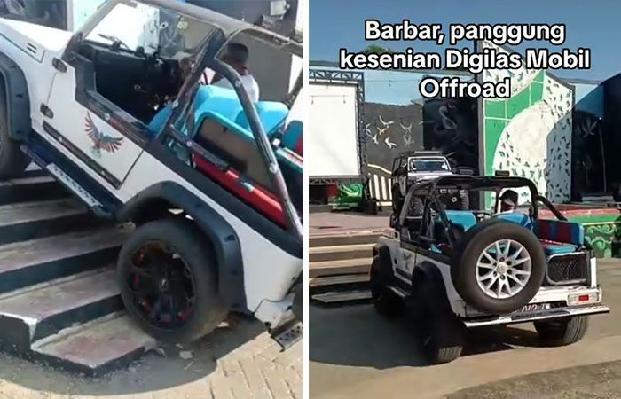 Mobil Offroad Hancurkan Tangga Panggung di Lapangan Kesenian Sumenep