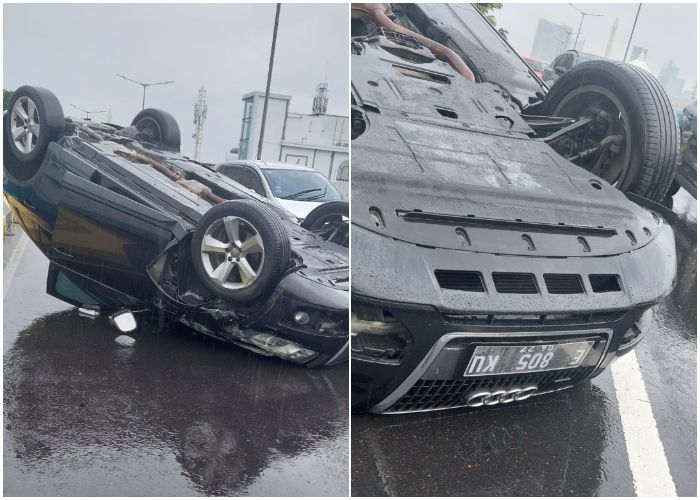 Brak! Sedan Audi Kecelakaan di JLNT Antasari sampai Terbalik, Diduga karena Jalan Licin