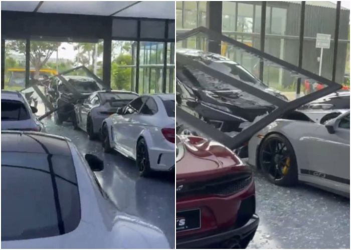 Duh! Xpander Hajar Show Room Mobil Mewah di Tangerang, Porsche GT3 yang Dipajang Ringsek