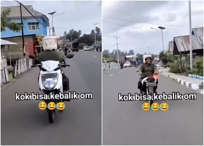 Viral Pria Santuy Kendarai Motor 'Terbalik', Helm Rice Cooker Bikin Netizen Salfok