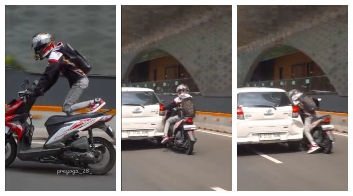 Viral Pemotor Seruduk Mobil saat Atraksi di Jalan Raya, Warganet Geram!