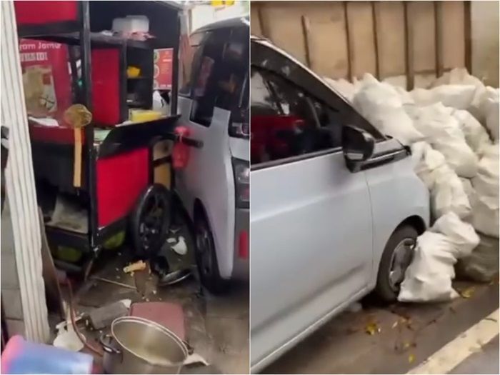Wuling EV Hilang Kendali Tabrak Gerobak Mi Ayam di Jaksel