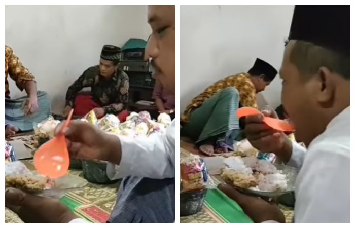 Buset, Bapak-bapak Ini Makan Pakai Centong Nasi, Lahap Lagi!