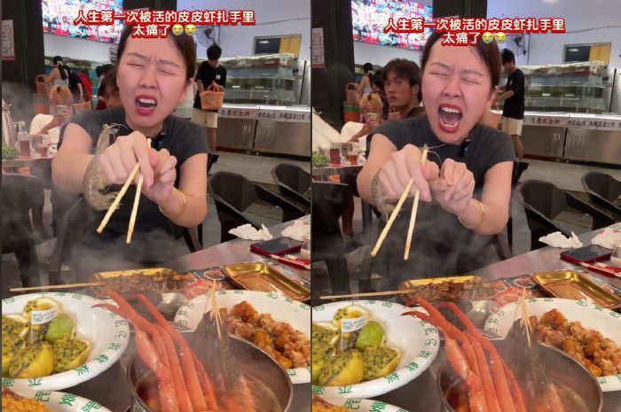 Viral, Wanita Lagi Asyik Makan Seafood Malah Berujung Digigit Udang Mantis hingga Menjerit Kesakitan