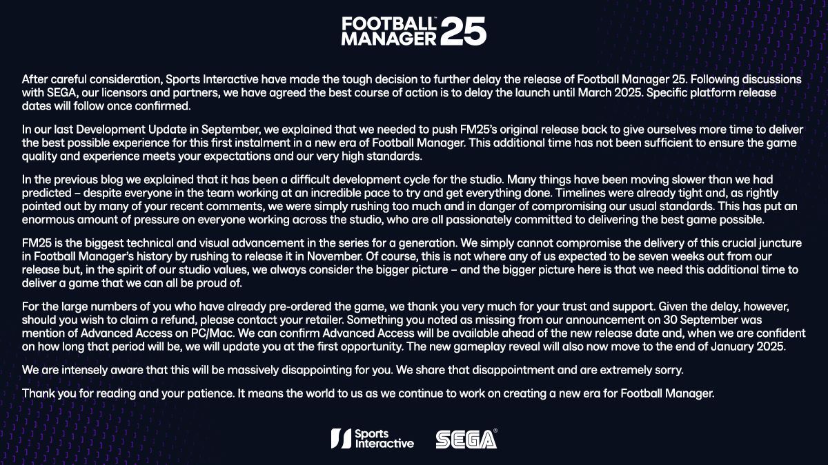 Sega Tunda Football Manager 25: Fokus pada Kualitas dan Pengalaman Permainan yang Optimal