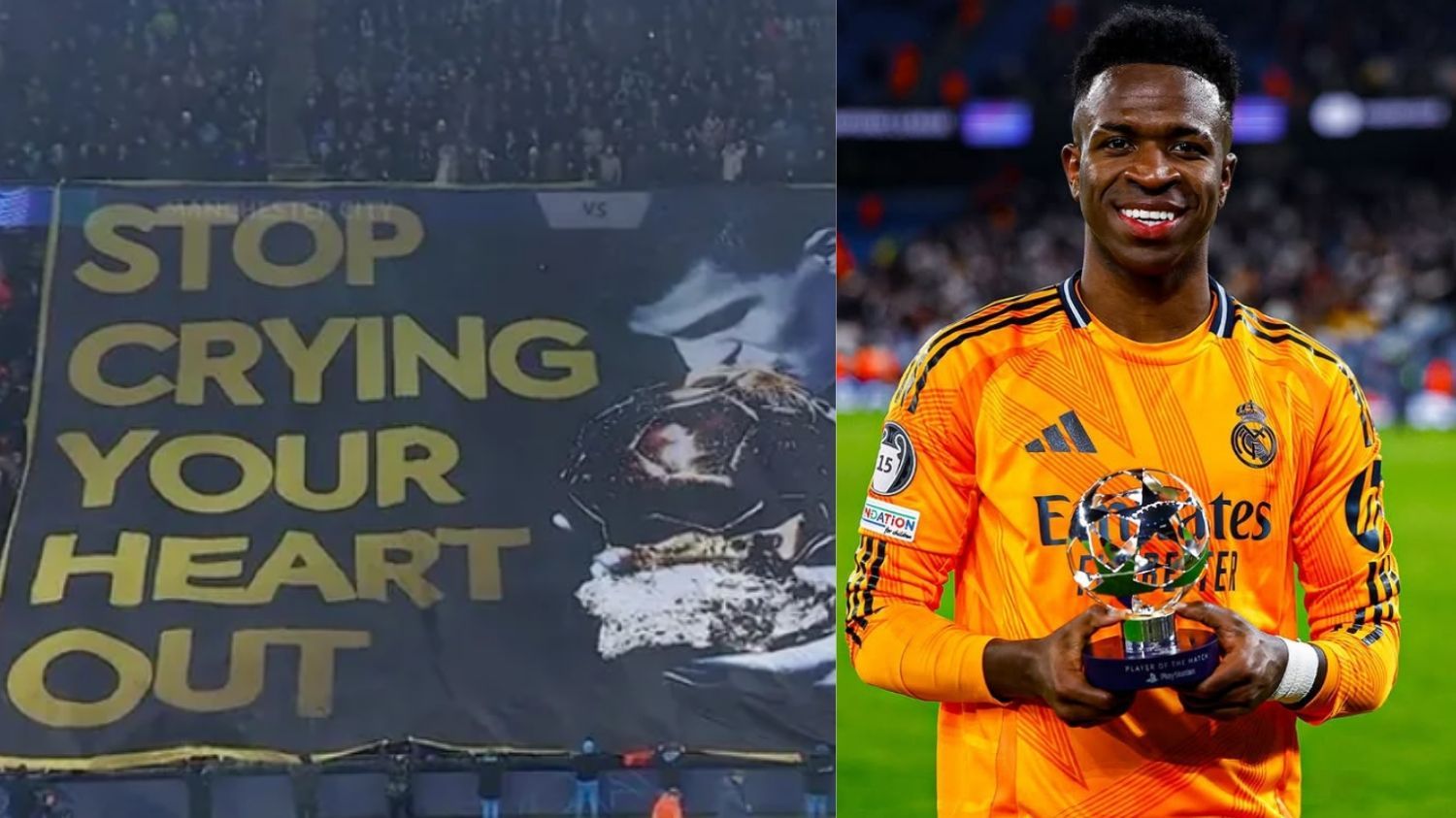 Disindir Fans Manchester City Pakai Banner 'Stop Crying Your Heart Out', Vini Justru Jadi MVP!
